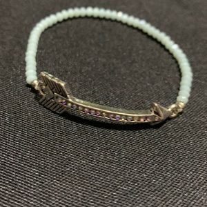 Ladies Bracelet-soft blue/green beads with jeweled arrow (stretchy)